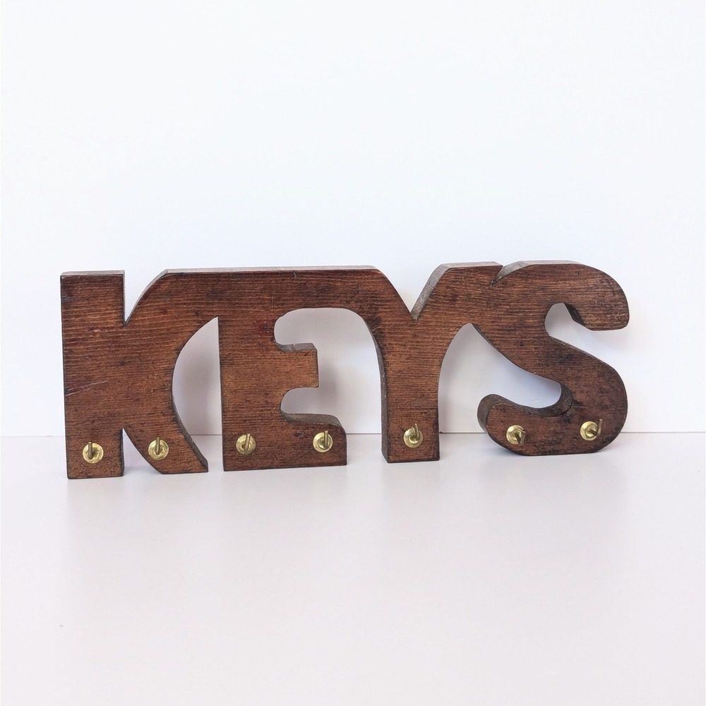 Vintage Wood Keys Word Sign w/Brass Hooks Holder Wall Rack Rustic MCM - Picture 7 of 14